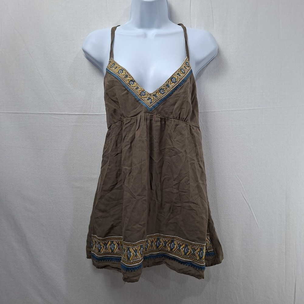 Charlotte Russe Brown Embroidered Babydoll Peasant Tank Top Y2K Boho Fairy L